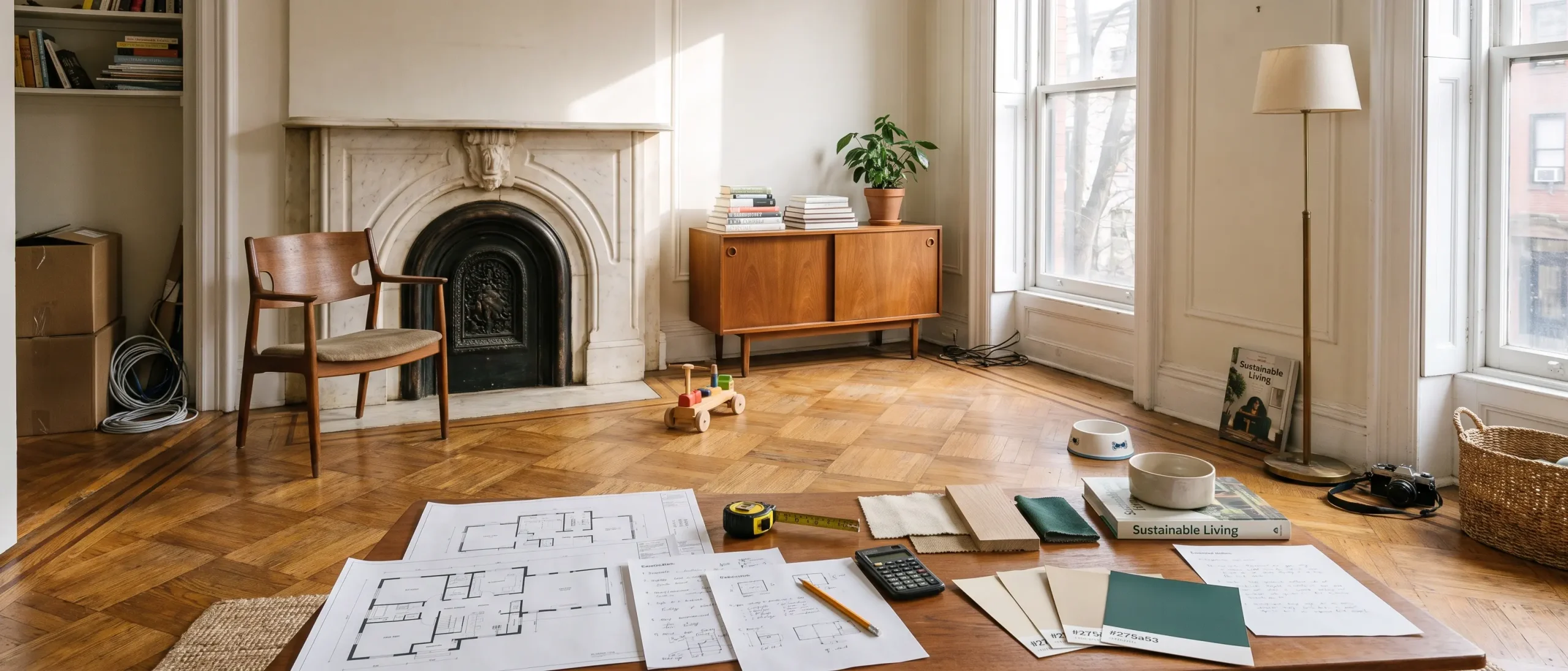 Living luminos analizat înainte de renovare, cu plan al locuinței, notițe, buget și elemente existente care pot fi păstrate.