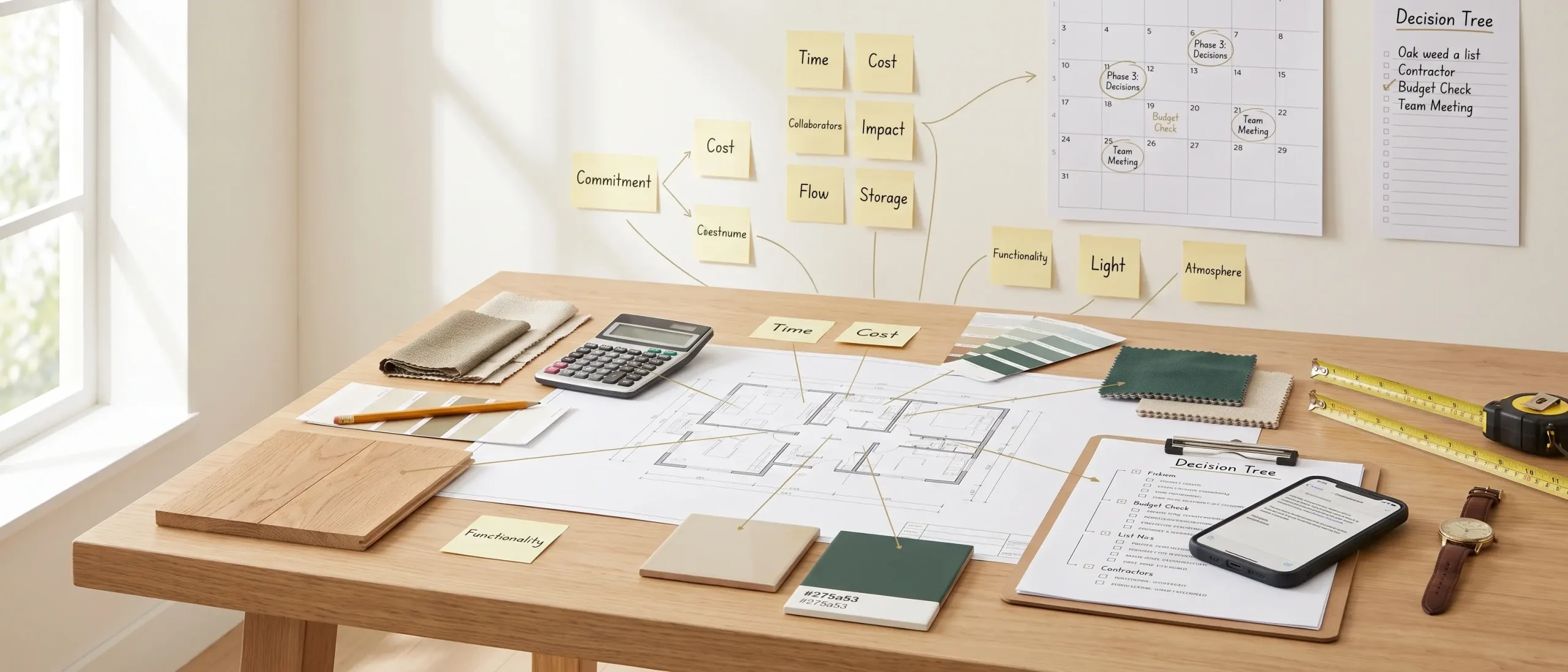 Masă de lucru cu plan de locuință, mostre de materiale, calendar, buget și notițe care ilustrează deciziile dintr-o amenajare interioară DIY.