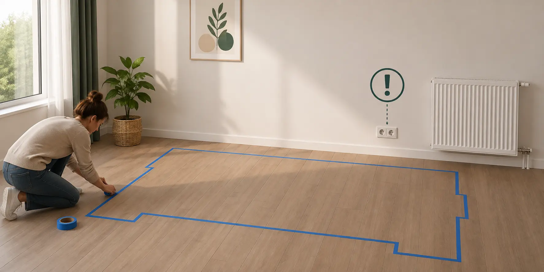 Contur de mobilier trasat pe podea cu bandă albastră, lângă un perete cu priză europeană și calorifer, pentru verificarea spațiului înainte de achiziție.