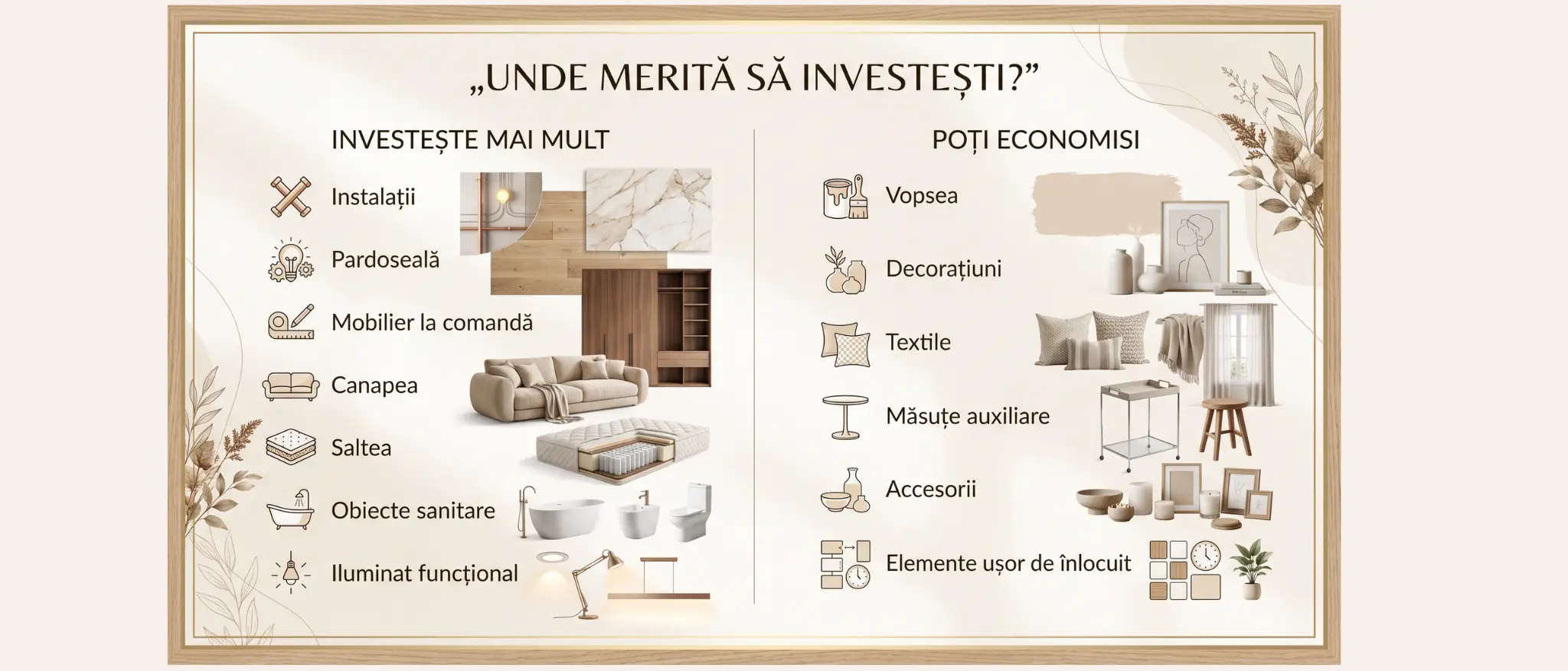 Infografic despre unde merită să investești și unde poți economisi în bugetul pentru amenajarea casei