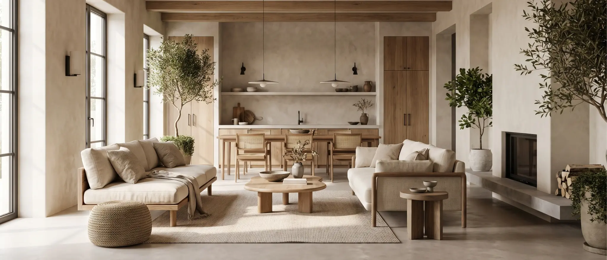 Interior contemporan hibrid cu influențe Japandi, wabi-sabi, industriale și biofilice